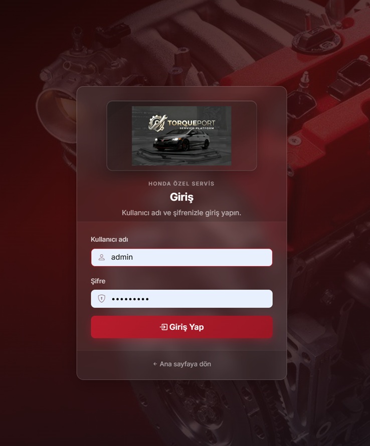 TorquePort servis paneli giriş ekranı