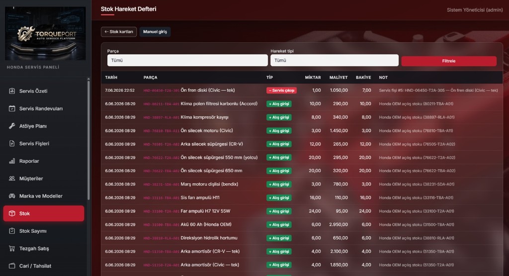 Stok hareket defteri: alış girişi, servis çıkışı ve bakiye